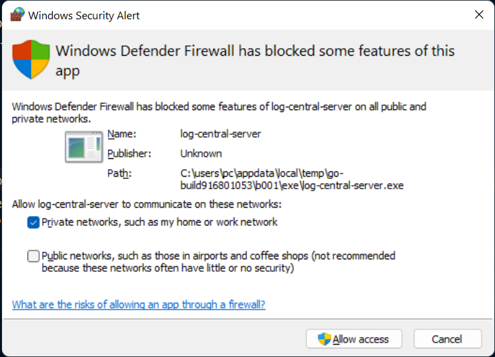 windows firewall block go run